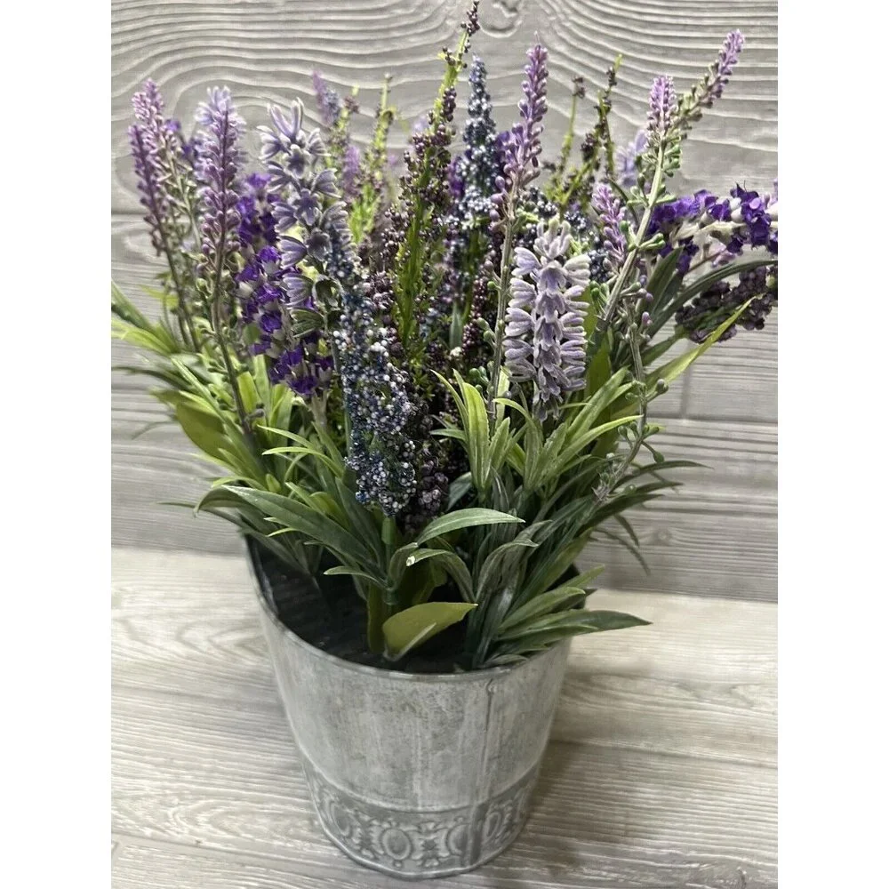 Faux Floral Lavender in Metal Planter Flower Arrangement Spring Cottagecore